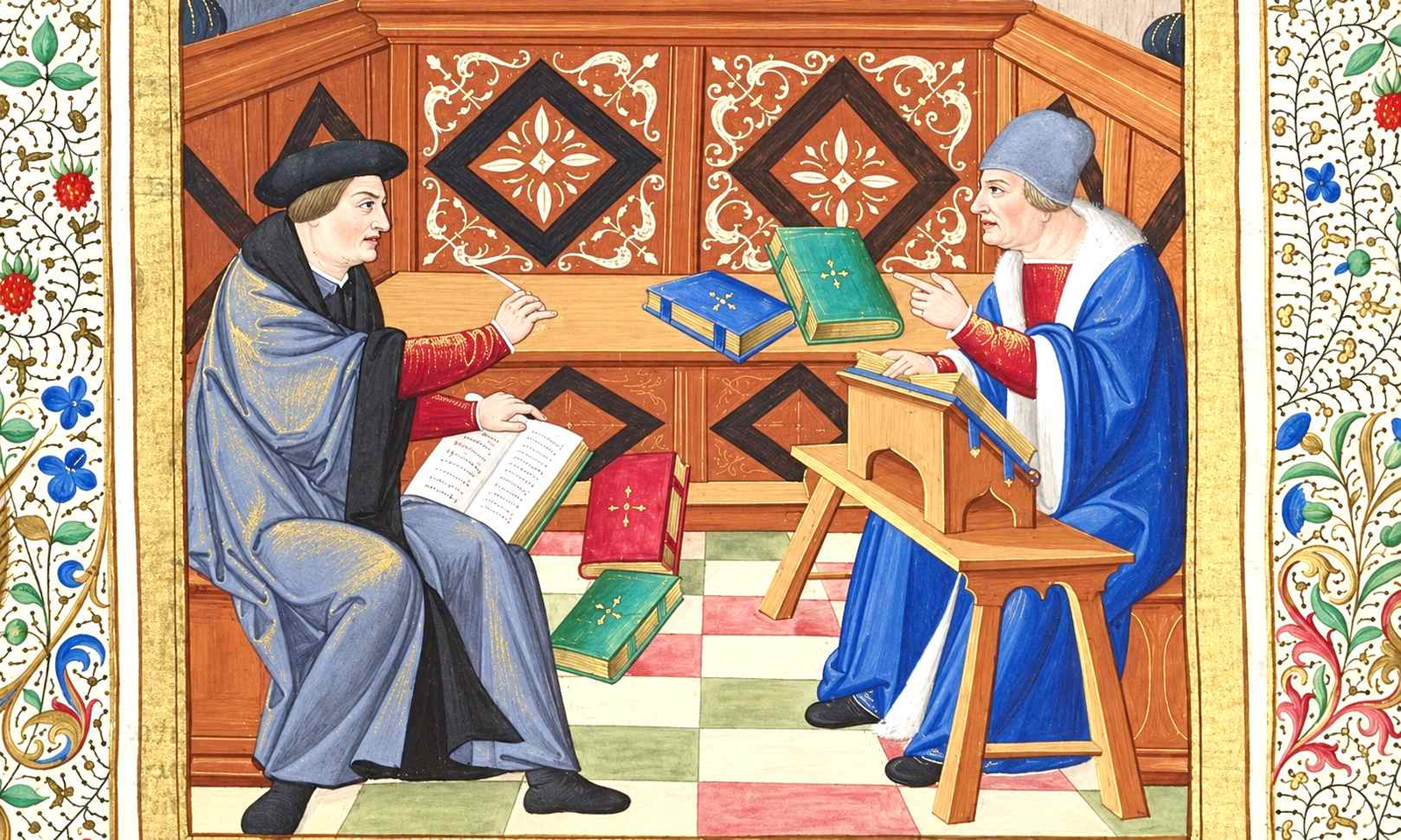 Miniatura medieval de dos estudiosos conversando