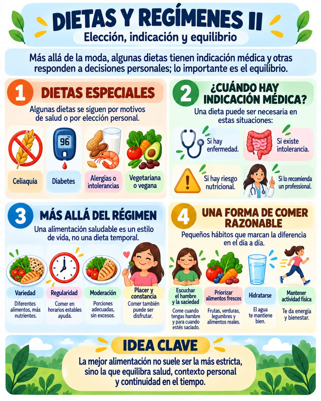 Lámina educativa sobre dietas y regímenes, entre la necesidad, la moda y el equilibrio.